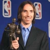 Steve Nash poses with the Maurice Podoloff Trophy on Sunday afternoon. 